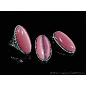Кольцо и серьги с кошачьим глазом, цвет розовый  (иск.)