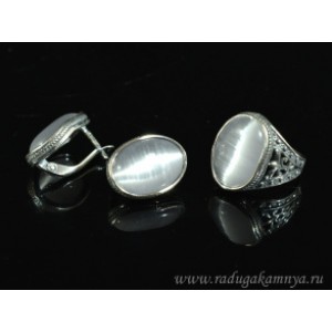 Кольцо и серьги с кошачьим глазом, цвет серый  (иск.)