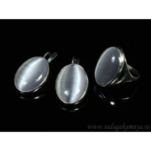 Кольцо и серьги с кошачьим глазом, цвет серый  (иск.)