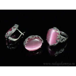 Кольцо и серьги с кошачьим глазом, цвет розовый  (иск.)