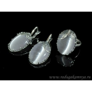 Кольцо и серьги с кошачьим глазом, цвет серый  (иск.)