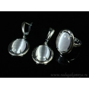 Кольцо и серьги с кошачьим глазом, цвет серый  (иск.)