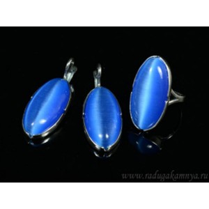 Кольцо и серьги с кошачьим глазом, цвет синий  (иск.)