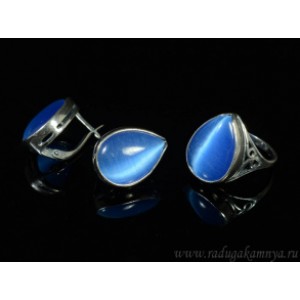 Кольцо и серьги с кошачьим глазом, цвет синий  (иск.)