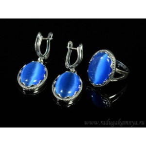Кольцо и серьги с кошачьим глазом, цвет синий  (иск.)
