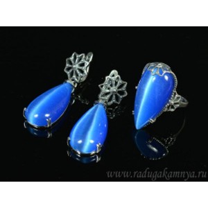 Кольцо и серьги с кошачьим глазом, цвет синий  (иск.)