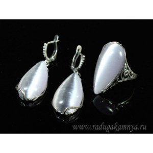 Кольцо и серьги с кошачьим глазом, цвет серый  (иск.)