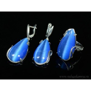 Кольцо и серьги с кошачьим глазом, цвет синий  (иск.)