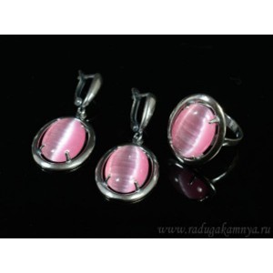 Кольцо и серьги с кошачьим глазом, цвет розовый  (иск.)