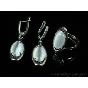 Кольцо и серьги с кошачьим глазом, цвет серый  (иск.)