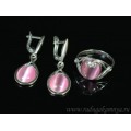 Кольцо и серьги с кошачьим глазом, цвет розовый (иск.) Кольцо и серьги с кошачьим глазом, цвет розовый (иск.)