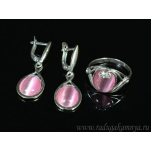 Кольцо и серьги с кошачьим глазом, цвет розовый  (иск.)