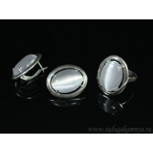 Кольцо и серьги с кошачьим глазом, цвет серый  (иск.)