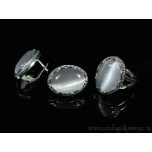Кольцо и серьги с кошачьим глазом, цвет серый  (иск.)