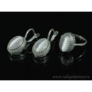 Кольцо и серьги с кошачьим глазом, цвет серый  (иск.)