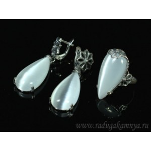 Кольцо и серьги с кошачьим глазом, цвет серый  (иск.)