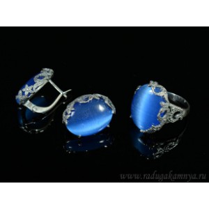 Кольцо и серьги с кошачьим глазом, цвет синий  (иск.)