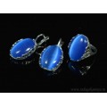 Кольцо и серьги с кошачьим глазом, цвет синий  (иск.)