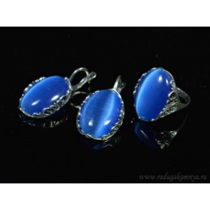 Кольцо и серьги с кошачьим глазом, цвет синий  (иск.)