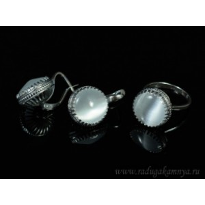Кольцо и серьги с кошачьим глазом, цвет серый  (иск.)