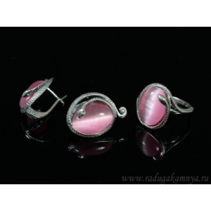 Кольцо и серьги с кошачьим глазом, цвет розовый  (иск.)