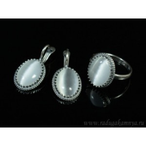 Кольцо и серьги с кошачьим глазом, цвет светло-серый  (иск.)