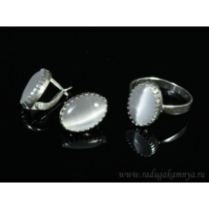 Кольцо и серьги с кошачьим глазом, цвет серый  (иск.)