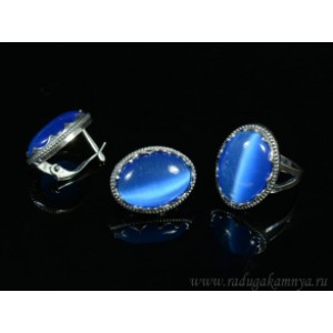 Кольцо и серьги с кошачьим глазом, цвет синий  (иск.)