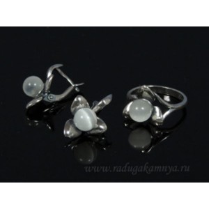 Кольцо и серьги с кошачьим глазом, цвет серый (иск.)