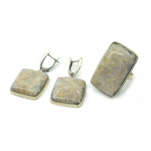 Кольцо и серьги беломорит " Прямоугольник "