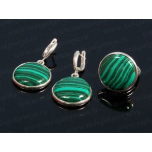 Кольцо и серьги с малахитом искусственным в посеребрении круг 22мм (иск.)