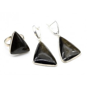 Кольцо и серьги обсидиан золотой " Грация " Кольцо и серьги обсидиан золотой " Грация "