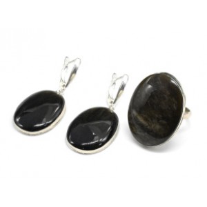 Кольцо и серьги обсидиан золотой " Овал "