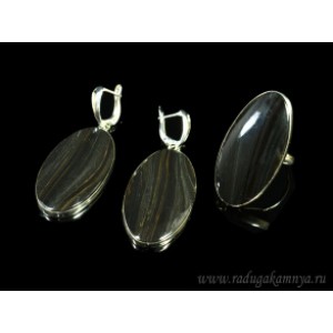 Кольцо и серьги с обсидианом овал