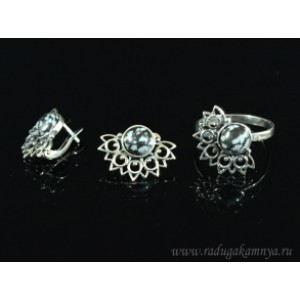 Кольцо и серьги с обсидианом . Кольцо и серьги с обсидианом .