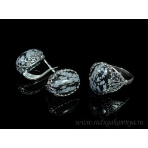 Кольцо и серьги с обсидианом Кольцо и серьги с обсидианом