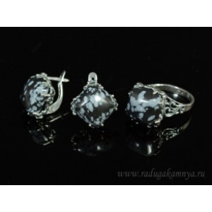 Кольцо и серьги с обсидианом