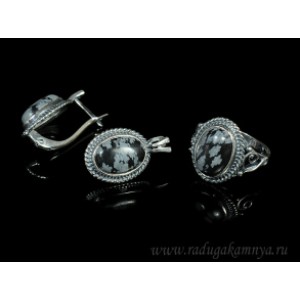 Кольцо и серьги с обсидианом