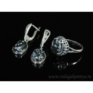 Кольцо и серьги с обсидианом