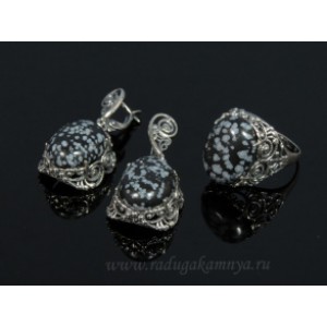 Кольцо и серьги с обсидианом