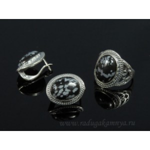 Кольцо и серьги с обсидианом