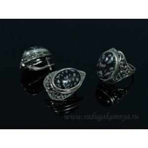 Кольцо и серьги с обсидианом