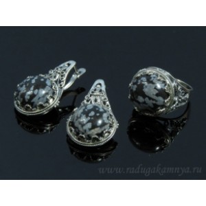 Кольцо и серьги с обсидианом