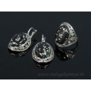 Кольцо и серьги с обсидианом Кольцо и серьги с обсидианом