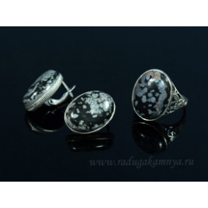 Кольцо и серьги с обсидианом