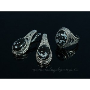 Кольцо и серьги с обсидианом