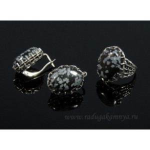 Кольцо и серьги с обсидианом