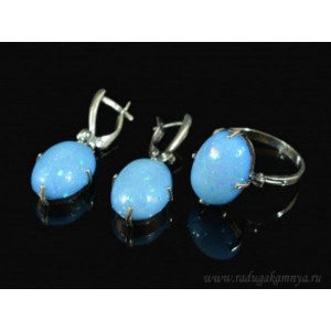 Кольцо и серьги с опалом искусственным, цвет голубой   (иск.)