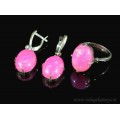 Кольцо и серьги с опалом искусственным, цвет фуксия   (иск.)