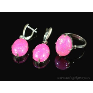 Кольцо и серьги с опалом искусственным, цвет фуксия   (иск.)